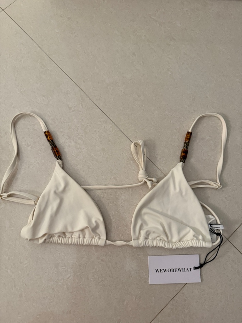 WEWOREWHAT Women's Cream Triangle Bikini Top with Bead Detail - Medium